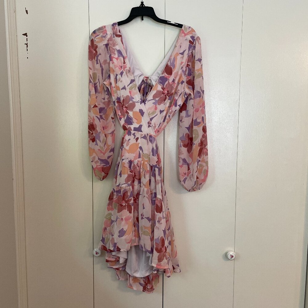 Medium Lush Cinched Waist Pink Floral Open Back Long Sleeve Dress